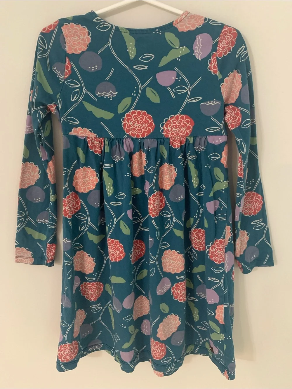 Tea Collection Long Sleeve Floral Empire Waist Cotton Dress Teal Pink Size 7